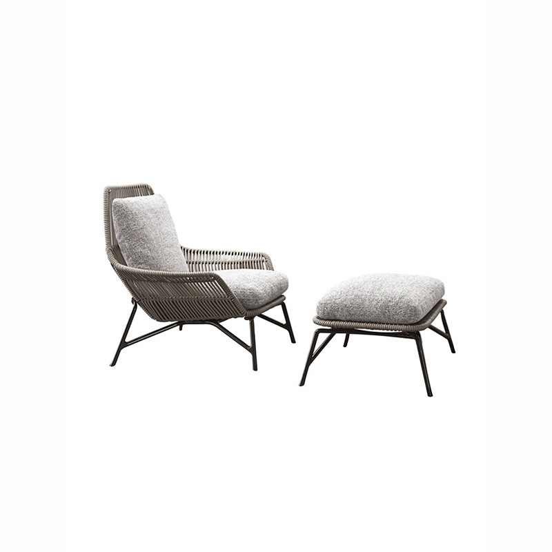 Outdoor Furniture Metal Chairs - ロープデザインの金属フレーム防水チェア、長い石のテーブルと椅子のセット、高級ガーデンホテル屋外家具
