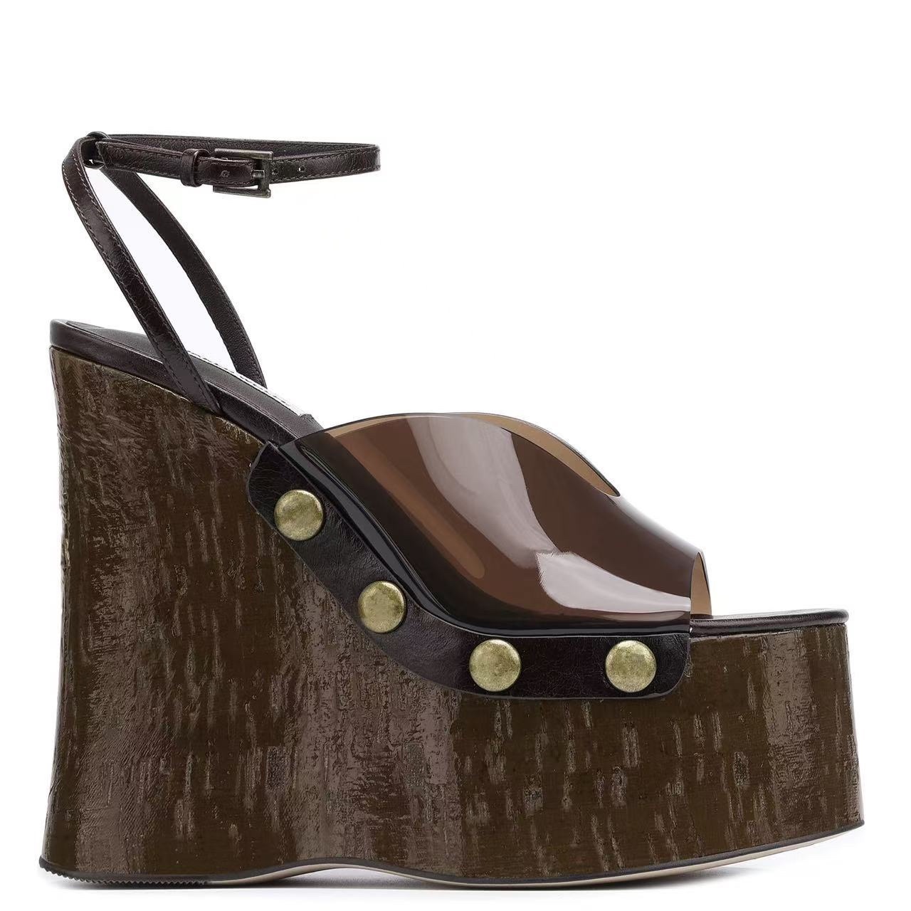 Outdoor Furniture Wood - ハイヒール 14 センチメートル厚底サンダル婦人服厚底木目調防水テーブルサンダルメ​​タルネイルバックル靴