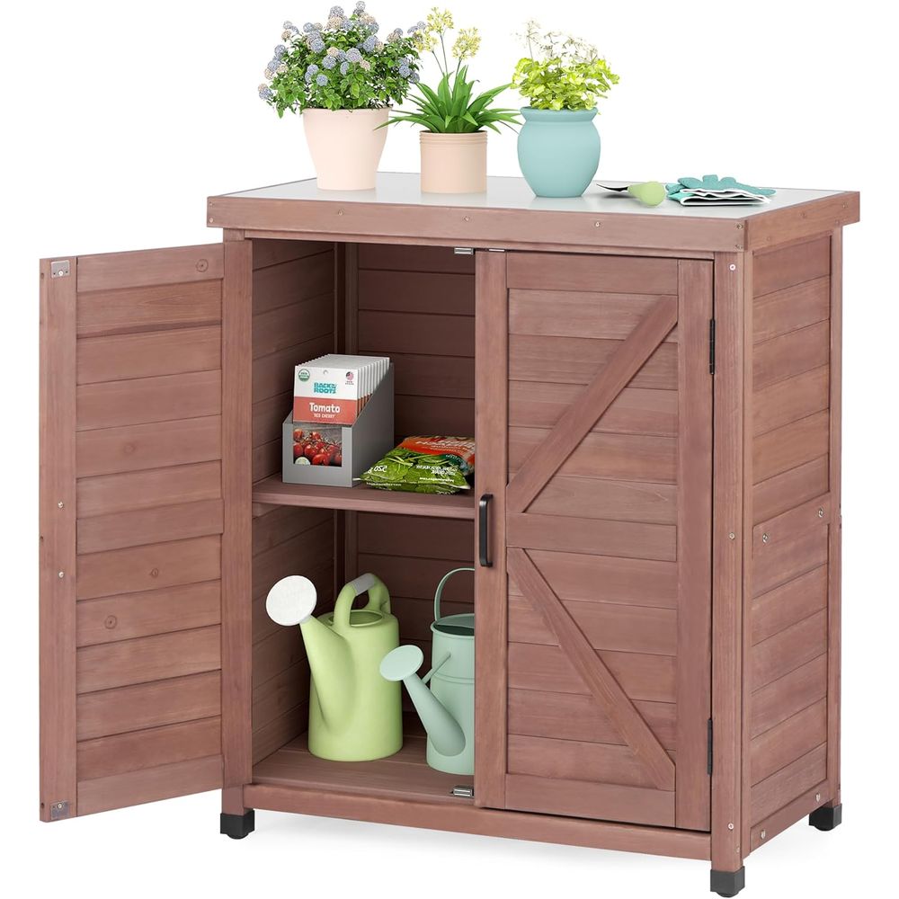 屋外用収納キャビネット＆金属製天板付き植木鉢置き台、木製パテ - Outdoor Furniture Wood のレビューと価格