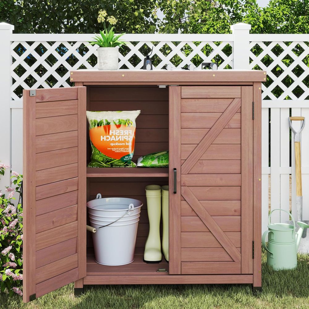 屋外用収納キャビネット＆金属製天板付き植木鉢置き台、木製パテ - Outdoor Furniture Wood のレビューと価格